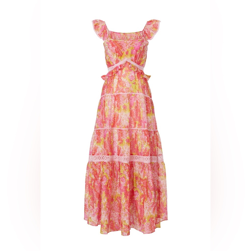 LoveShackFancy Madsen Floral Cutout Maxi Dress Pink Orange Tiered Cotton Silk L - Picture 5 of 12